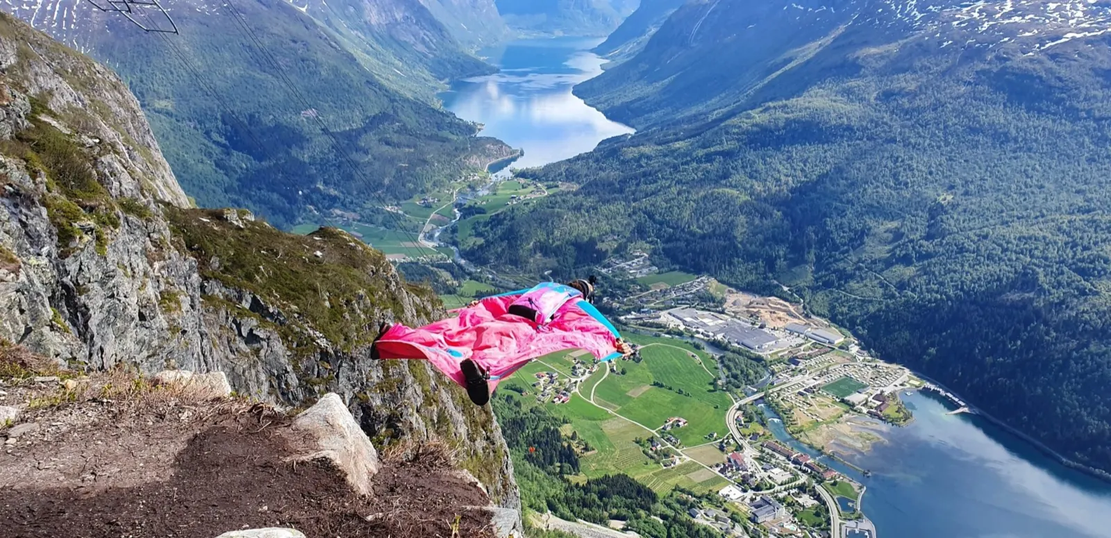 Wingsuit flight over a Norwegian fjord